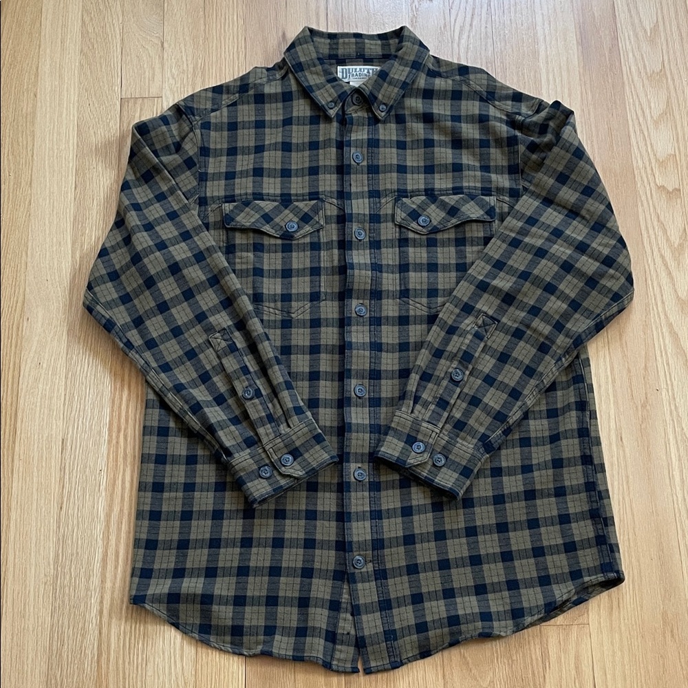 Duluth Trading Co Olive and Black Plaid Button-Down Shirt